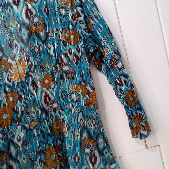 Kim Rogers Blouse Women L 3/4 Sleeve Simi Sheer Ruffle Open Tie Front Teal Brown - Picture 16 of 16